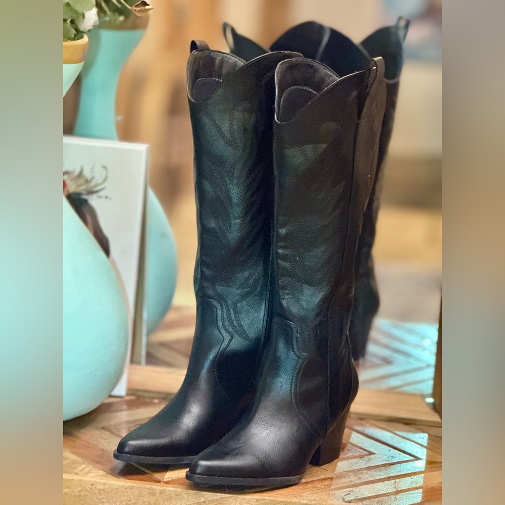 Anthropologie Black Cowboy Boot ... All day comfy, wipe off durable NEW